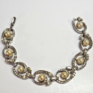 VINTAGE Pennino Silver Tone Faux Pearl Rhinestone Link Bracelet Signed MCM